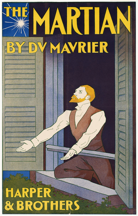 Vintage art print of The Martian book cover featuring a bearded man at a window with bold retro typography.