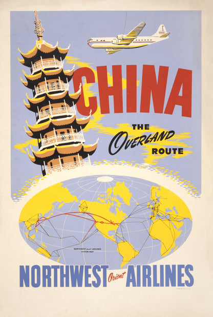 Vintage travel poster with a pagoda, aeroplane, and map highlighting China for Northwest Orient Airlines