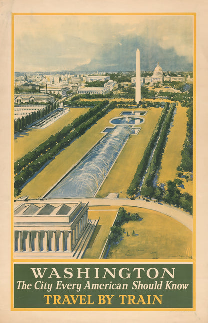 Vintage travel poster of Washington D.C. with the Washington Monument, Lincoln Memorial, and reflecting pool