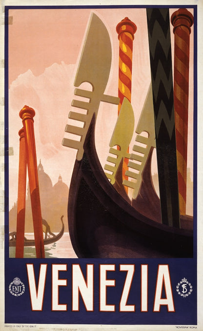 Vintage travel poster highlighting gondolas and traditional poles in Venice with soft pastel tones