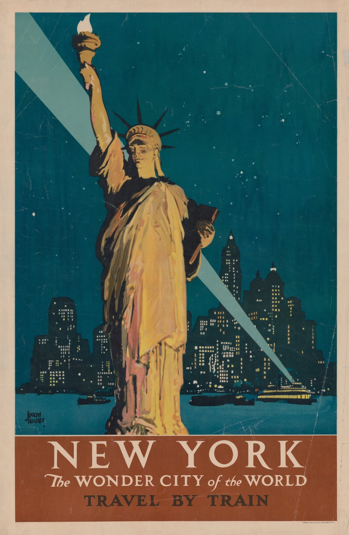 Vintage travel poster showing the Statue of Liberty at night with the New York skyline in the background