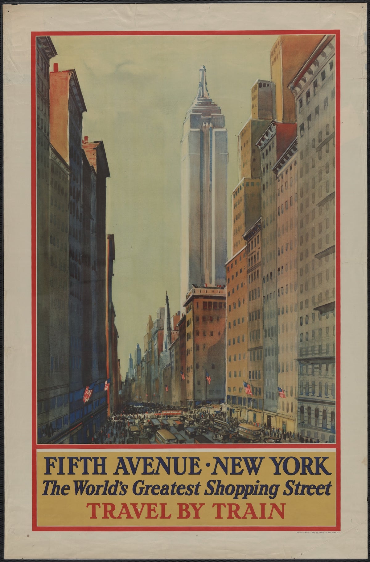 Vintage travel poster featuring Fifth Avenue in New York with the Empire State Building and bustling streets