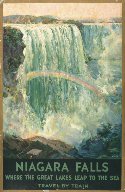 Vintage travel poster depicting Niagara Falls in vibrant blues and greens with a rainbow over the waterfalls
