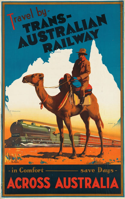Vintage travel poster for the Trans-Australian Railway showing a man on a camel and a passing train against an Australian map