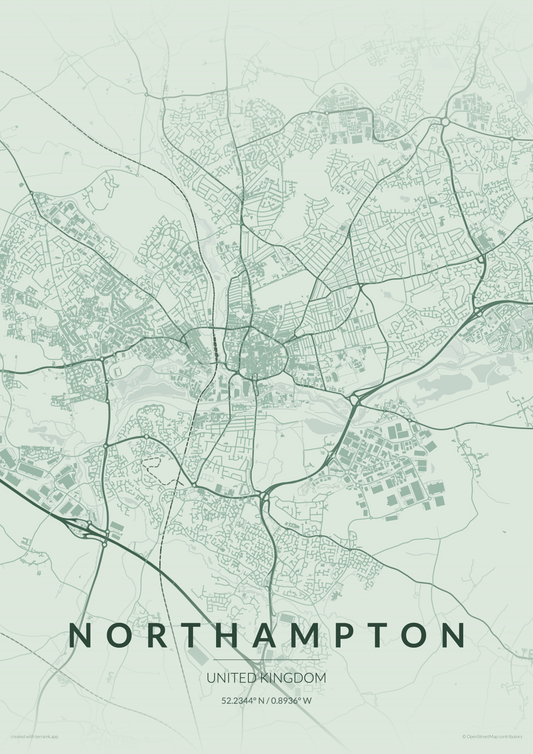 Northampton City Map Print - Heritage Green Edition