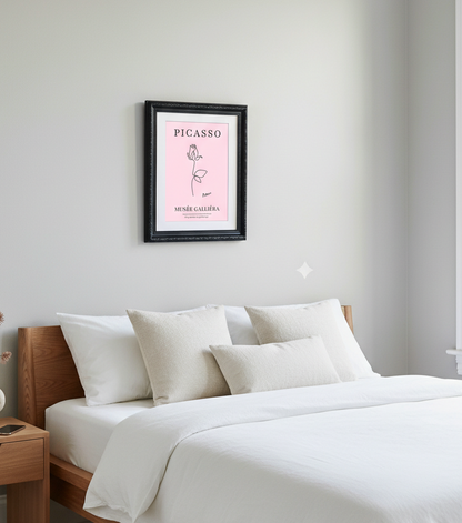 Bedroom with a bed, wooden headboard, and framed Picasso print on the wall.