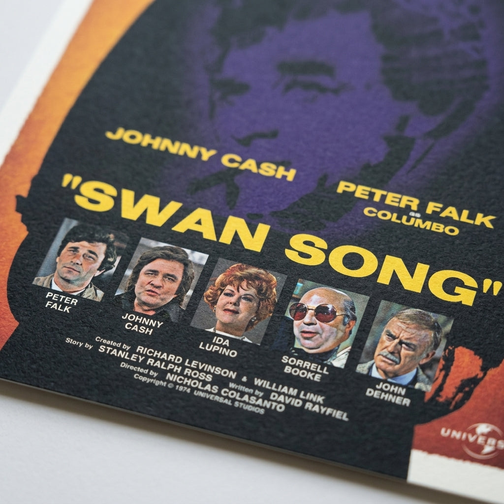 Close-up detail of Columbo Swan Song print texture and cast portraits