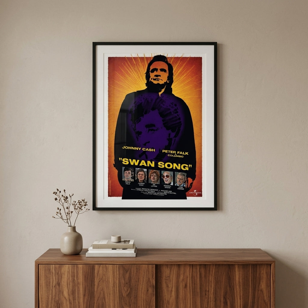 Columbo Swan Song framed art print above mid-century modern credenza