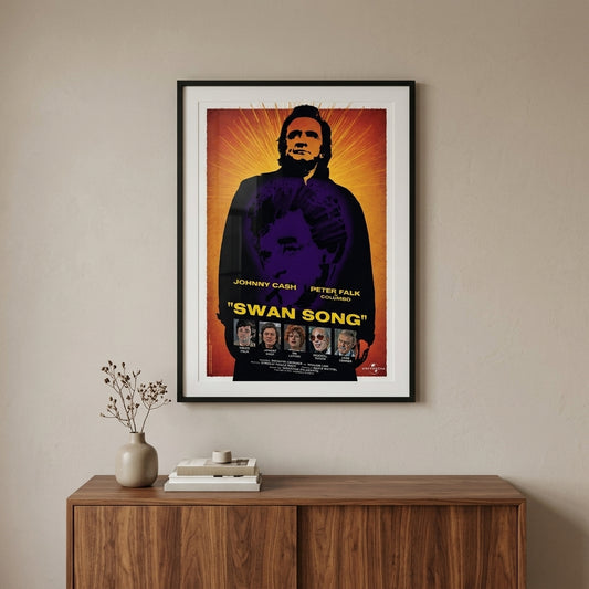 Columbo Swan Song framed art print above mid-century modern credenza