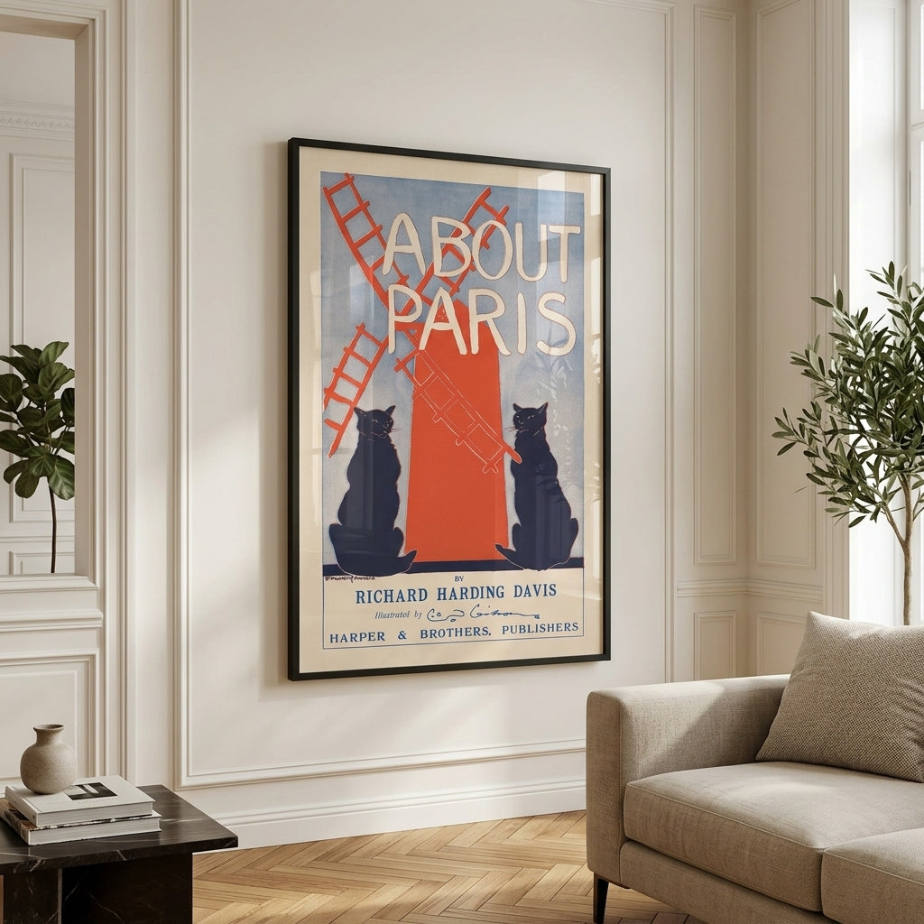 Framed About Paris art print hanging on a Parisian apartment living room wall
