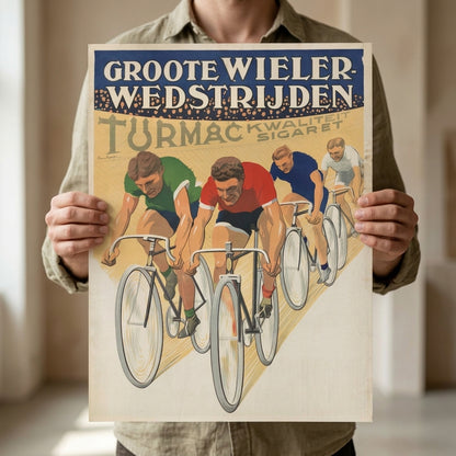 Person holding the vintage cycling art print showing display scale