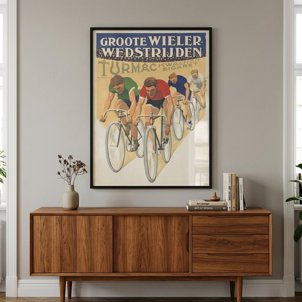 Framed vintage cycling art print hanging above wooden credenza in modern living room