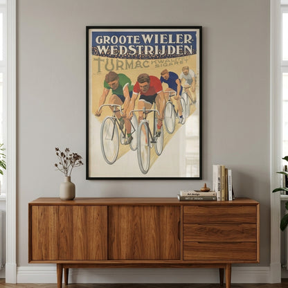 Framed vintage cycling art print hanging above wooden credenza in modern living room