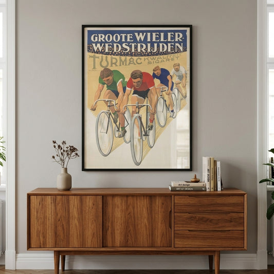 Framed vintage cycling art print hanging above wooden credenza in modern living room