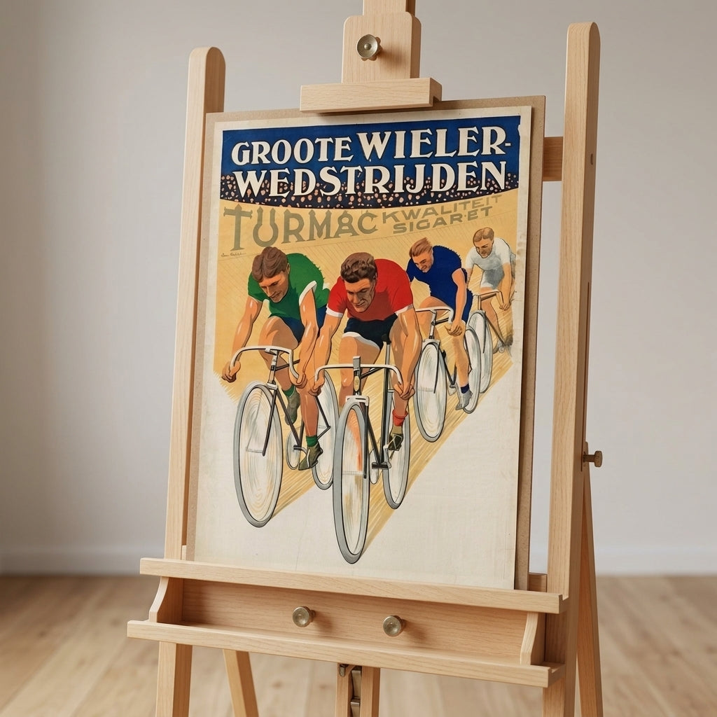 Vintage cycling art print displayed on clean neutral wood easel in contemporary studio
